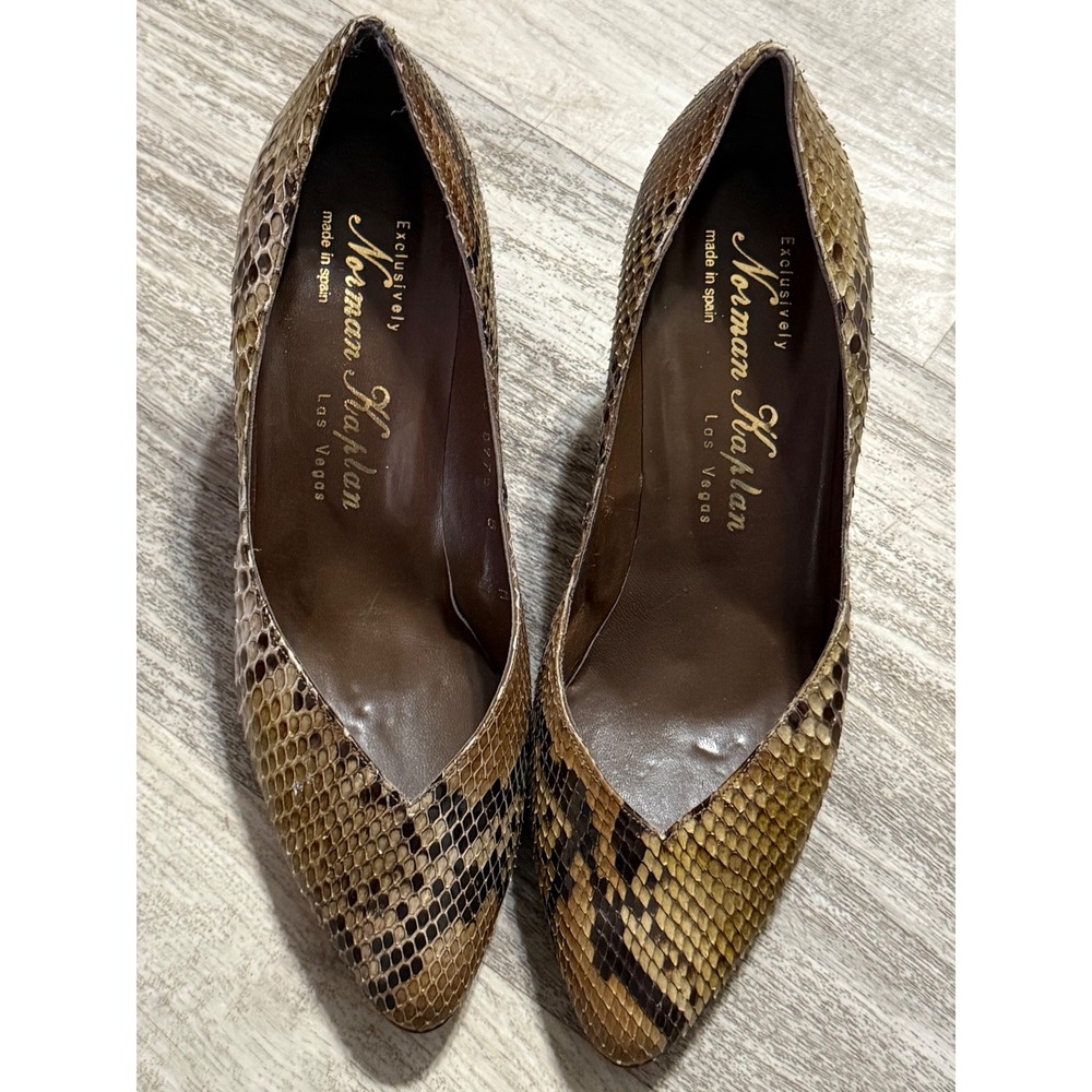 Norman Kaplan Vintage Snakeskin Pumps Brown Tan‎ Python Heels Made in Spain 8B